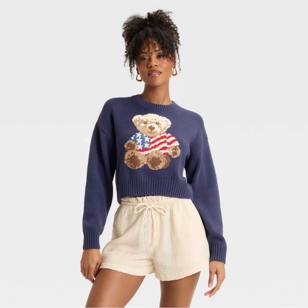 Grayson Threads Women's Teddy Bear Flag Graphic Sweater Navy Cropped Patriotic